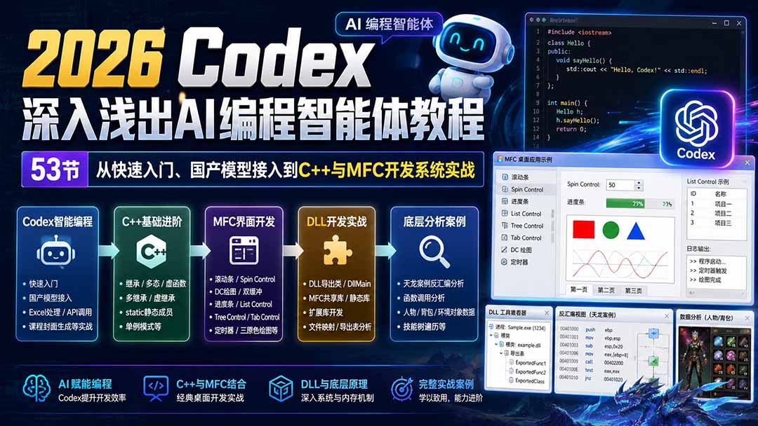 2026 Codex深入浅出AI编程智能体教程：53节从快速入门、国产模型接入到C++与MFC开发系统实战|一人科技OPC聚合软件