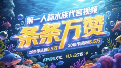 第一人称水族代言视频，条条万赞，20条作品涨粉7.8W，多种变现方式月入五位数|HOOK协议网